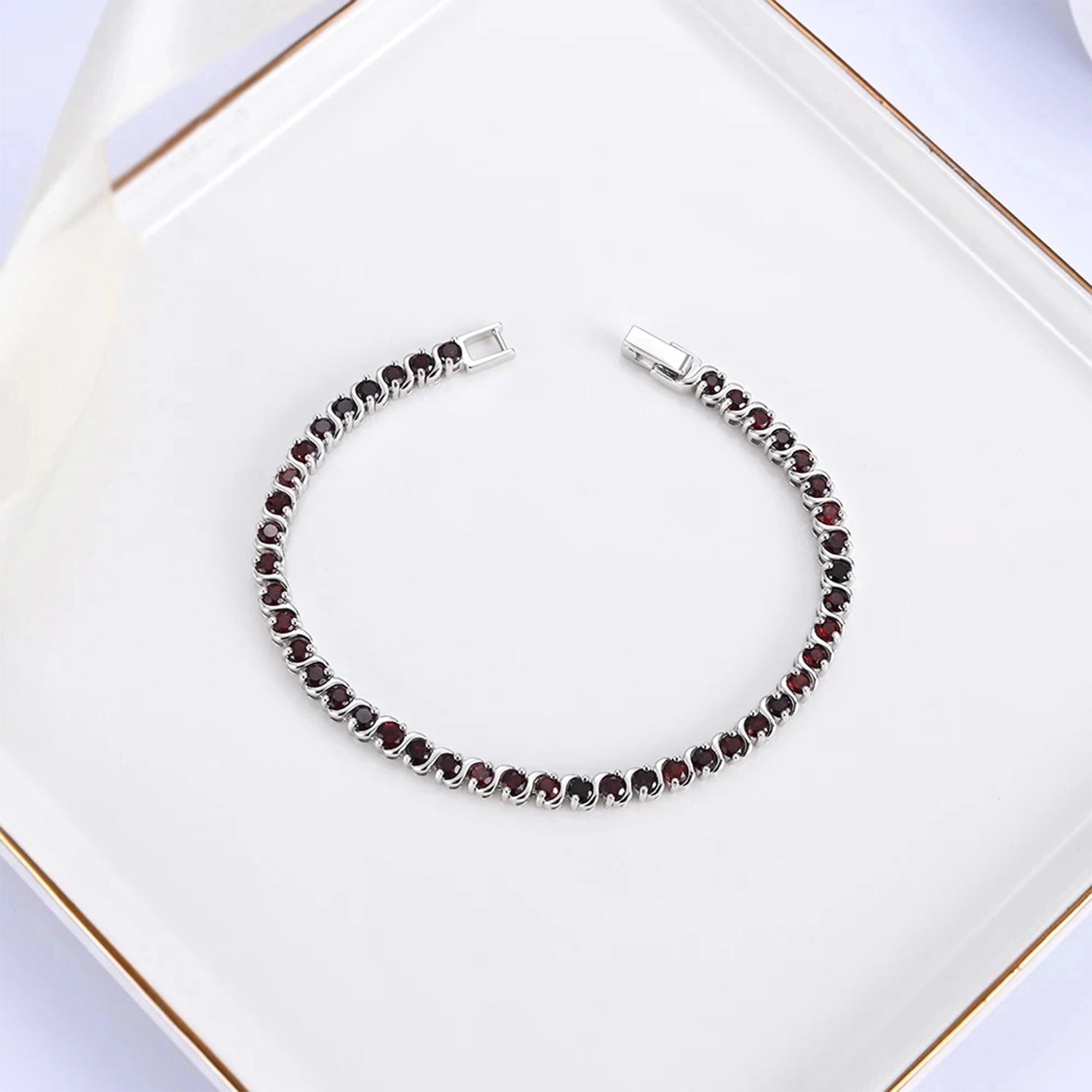 Garnet Tennis Silver Bracelet